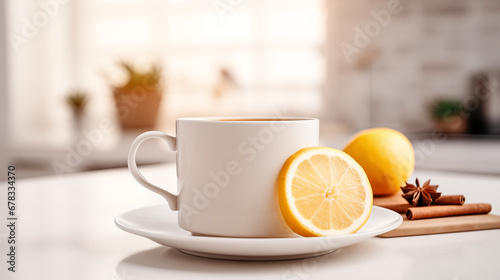 A cup of tea with lemon on the table in the kitchen. photo