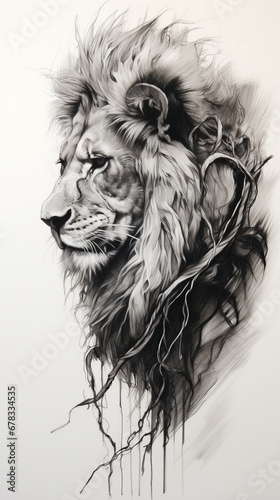 Realistic black and grey pencil drawing of lion. © writerfantast