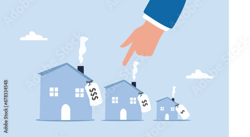 Picking new home base on budget concept. Income or lifestyle. House or mortgage affordability calculation, businessman hand wisely think to picking different variant houses with price tag. photo