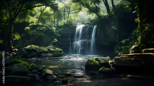 Charming Secluded Waterfall Hidden in a Verdant Forest  Enhanced with Soft and Muted Tones to Evoke a Serene and Enigmatic Atmosphere