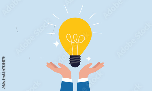 Innovation or creativity concept, businessman hand hold brightly lit money dollar lightbulb idea, enlighten money idea, investment and savings with high profit, business idea to make money or profit. photo