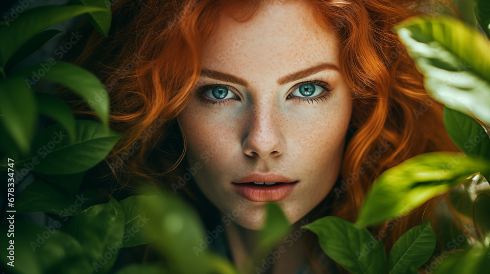 A close-up portrait of a beautiful red-haired woman standing behind green leaves. Advertising concept. A close-up portrait of a beautiful red-haired woman standing behind green leaves. Advertising concept.
