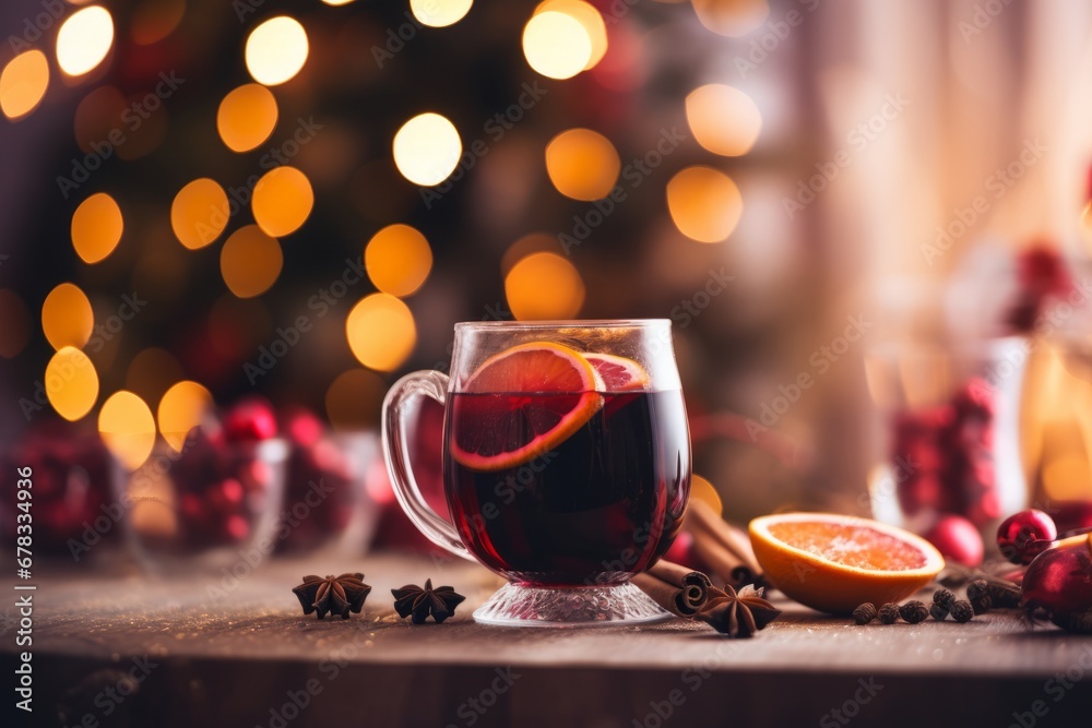 Christmas Glass Cup of Mulled Wine on a Table with Red Baubles, Spices, and Orange Slices Against Blurred Background with Lights Christmas Glass Cup of Mulled Wine on a Table with Red Baubles, Spices, and Orange Slices Against Blurred Background with Lights