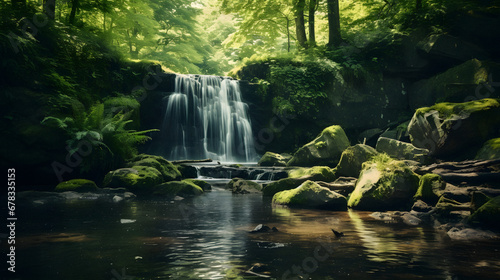 Charming Secluded Waterfall Hidden in a Verdant Forest, Enhanced with Soft and Muted Tones to Evoke a Serene and Enigmatic Atmosphere