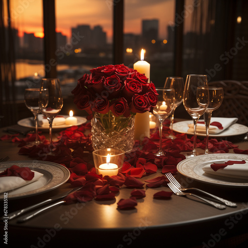 The image portrays a romantic dinner setup against a pristine white background. A beautifully adorned table takes center stage, adorned with fine white linens and delicate red rose petals scattered ar