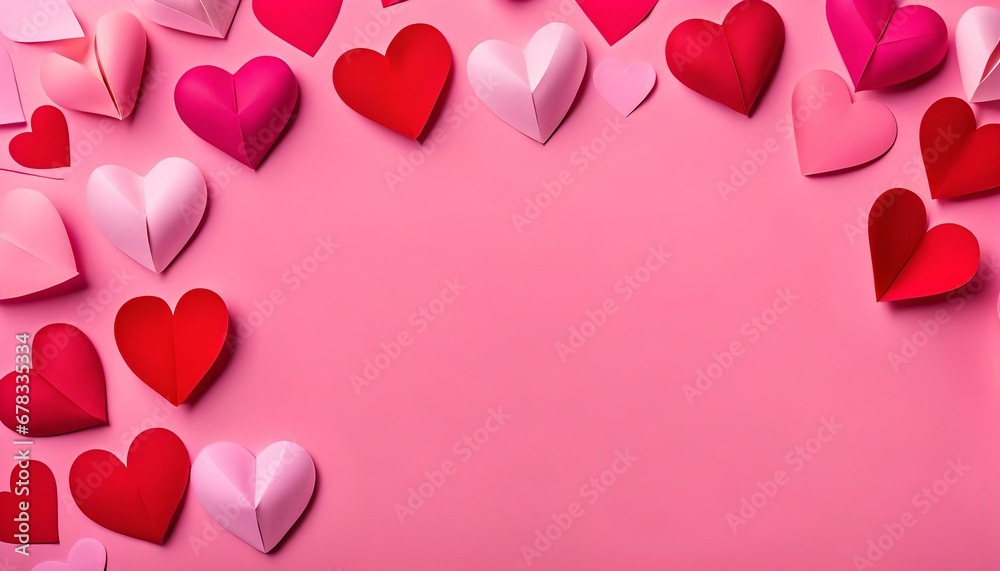 Valentine's day background with red and pink paper hearts on the edge, pastel pink background, flat lay.