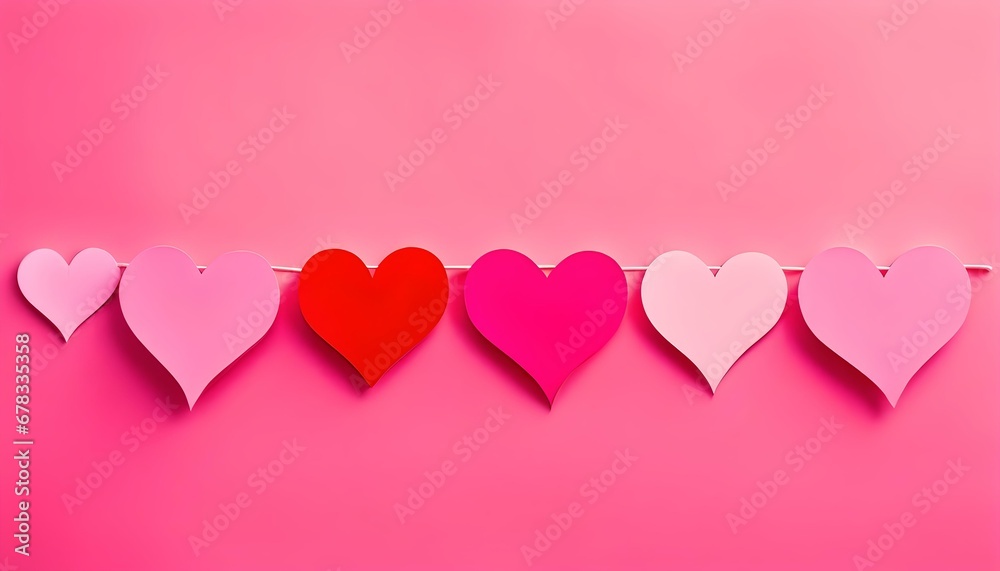 Valentine's day background with red and pink paper hearts on the edge, pastel pink background, flat lay.