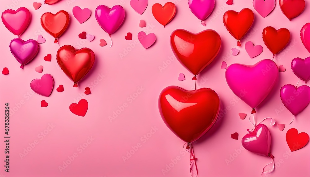 Valentine's day background, Pink heart shaped helium balloons on pink background, flat lay, banner
