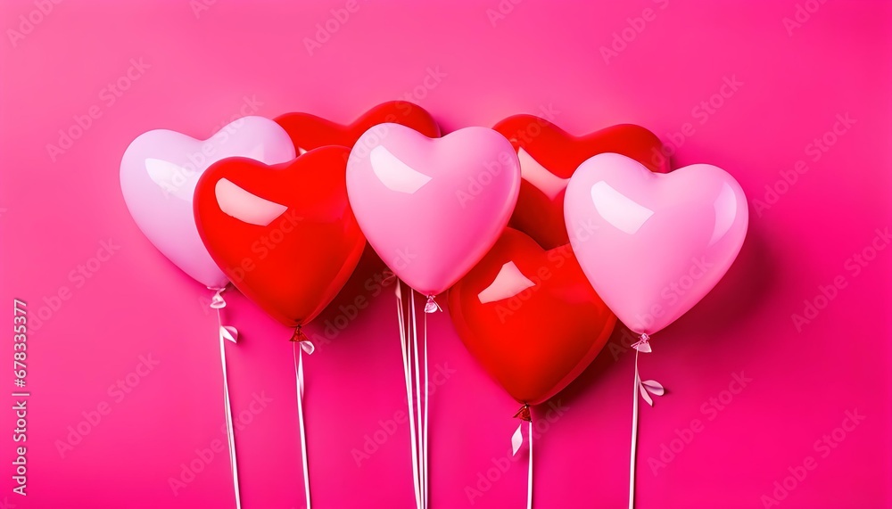 Valentine's day background, Pink heart shaped helium balloons on pink background, flat lay, banner
