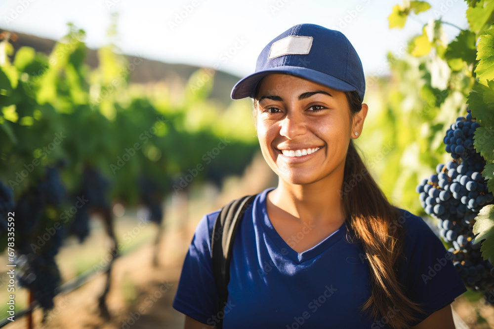Happy Latin American female vineyard worker with orchard as background