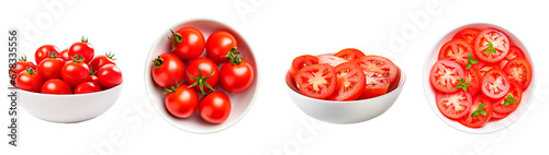 Tomatoes in different forms, with tomatoes in bowl, top view, sliced tomatoes on isolated transparent background photo