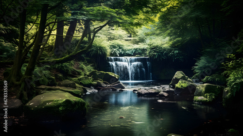 Charming Secluded Waterfall Hidden in a Verdant Forest  Enhanced with Soft and Muted Tones to Evoke a Serene and Enigmatic Atmosphere