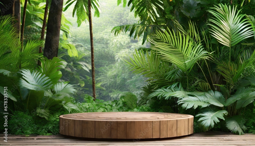 Product presentation with a wooden podium set with tropical forest in the background Product presentation with a wooden podium set with tropical forest in the background