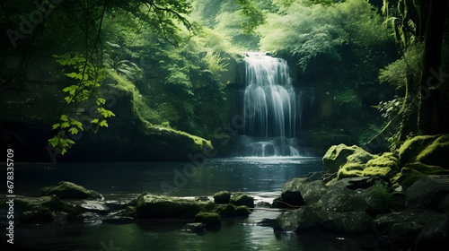 Charming Secluded Waterfall Hidden in a Verdant Forest, Enhanced with Soft and Muted Tones to Evoke a Serene and Enigmatic Atmosphere