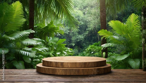 Product presentation with a wooden podium set with tropical forest in the background