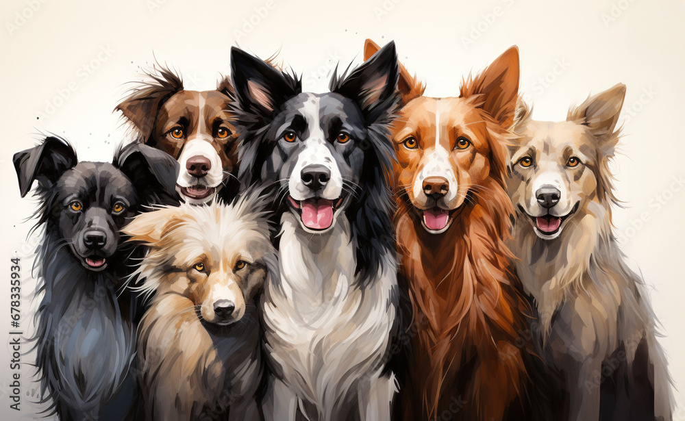 Herd of cute border collies in the style of watercolor painting
