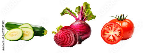 Collage of zucchini, beetroot and tomato in whole and sliced. Isolated on transparent background