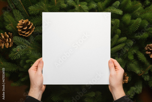 Female hands holding a blank sheet of paper on a Christmas tree background.