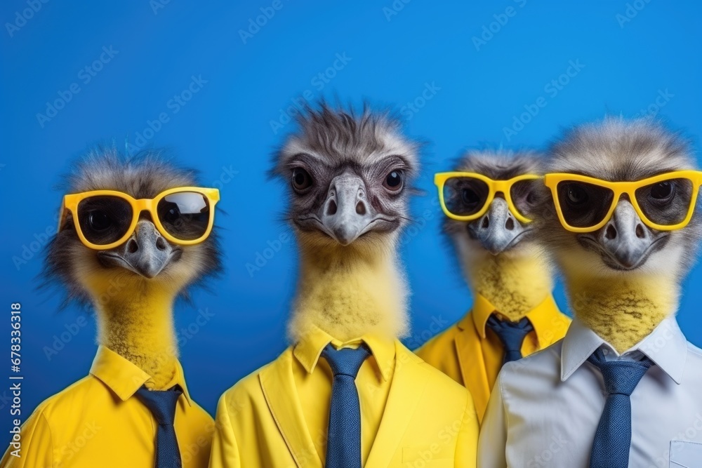 Ostriches in sunglasses and bright jackets Ostriches in sunglasses and bright jackets