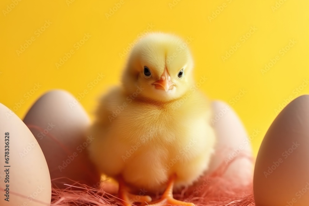 A small yellow chicken near the eggs on a yellow background A small yellow chicken near the eggs on a yellow background