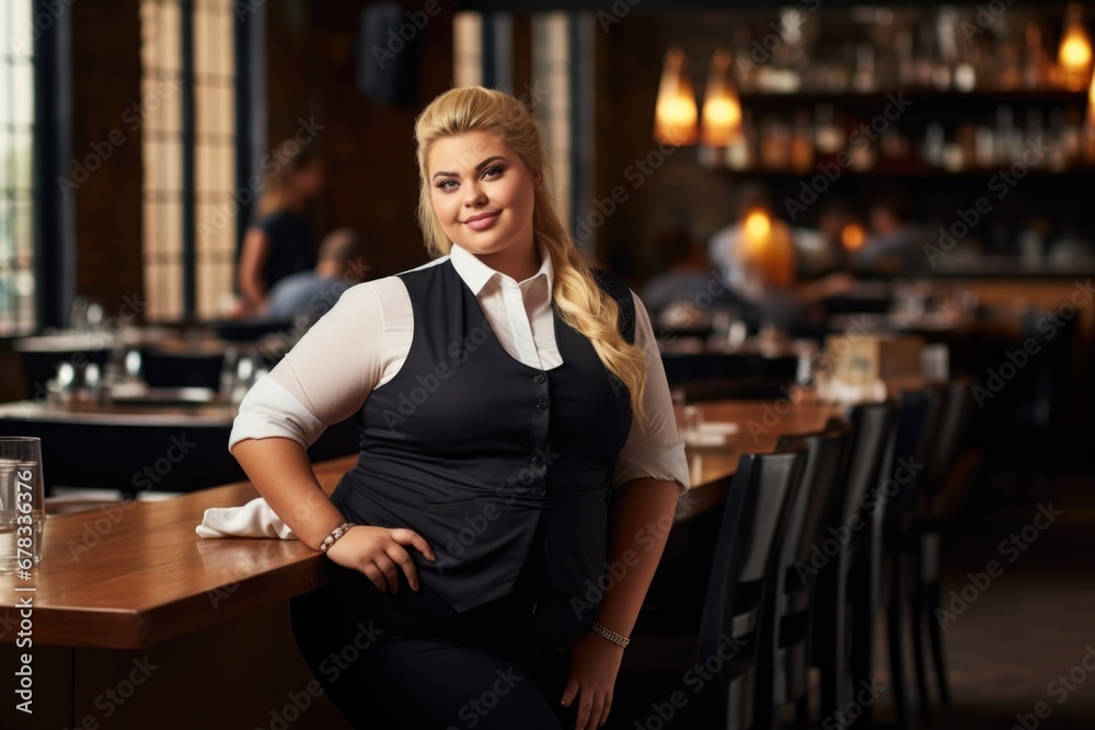 Fototapeta premium A fat woman manager of a cafe or restaurant , a woman of large size