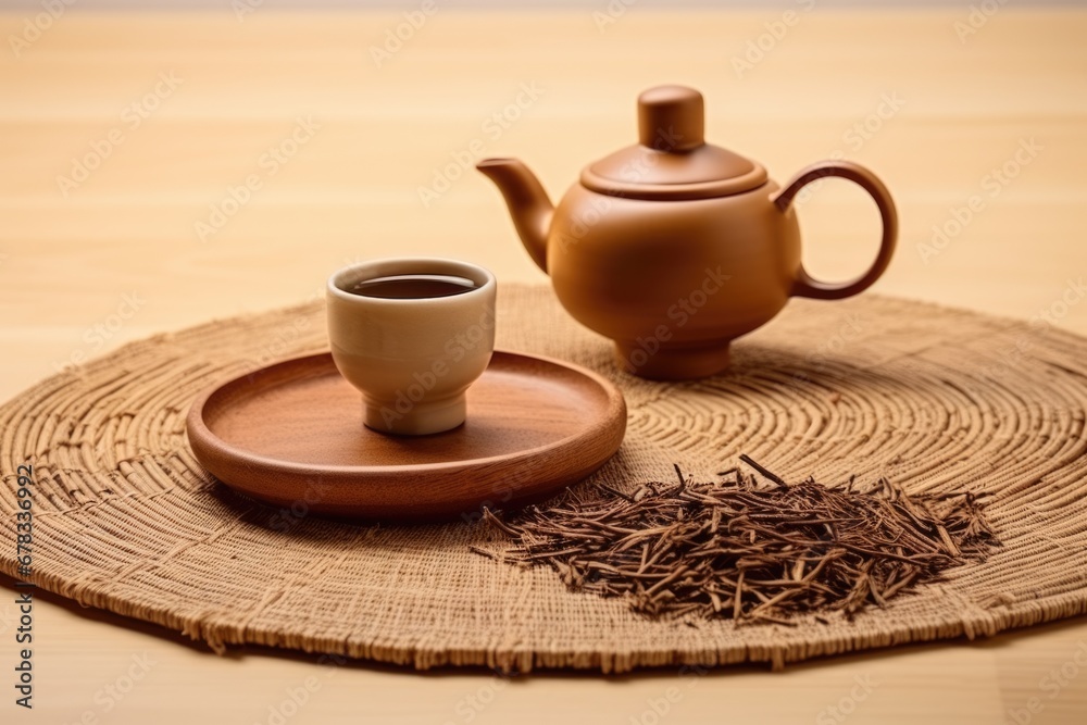Bamboo mat with teapot and dried leaves on beige background. AI Generated Bamboo mat with teapot and dried leaves on beige background. AI Generated