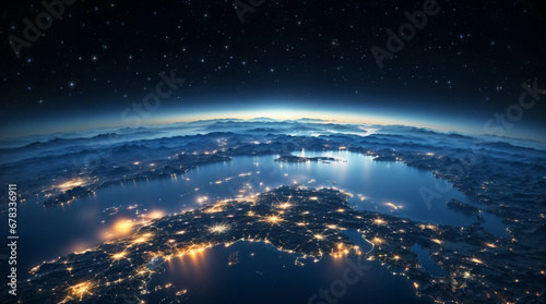 Planet Earth globe view from space, night city lights, hd