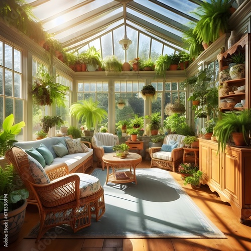 A sunroom with lots of natural light, comfortable seating, and a lush plantscape photo