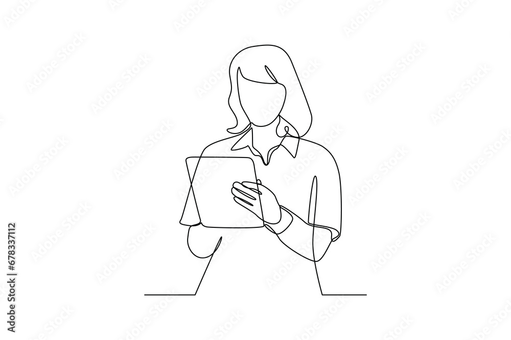 Obraz premium SImple continuous drawing of woman record research result. Simple line, minimalist concept of research, simple line, black and white background.