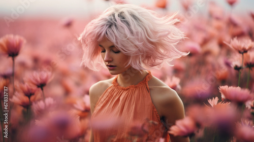 Photo of a beautiful girl with flowing hair running through flowers.