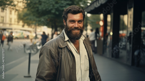 Vintage photo of attractive fashionable man on street wearing in 1980 style