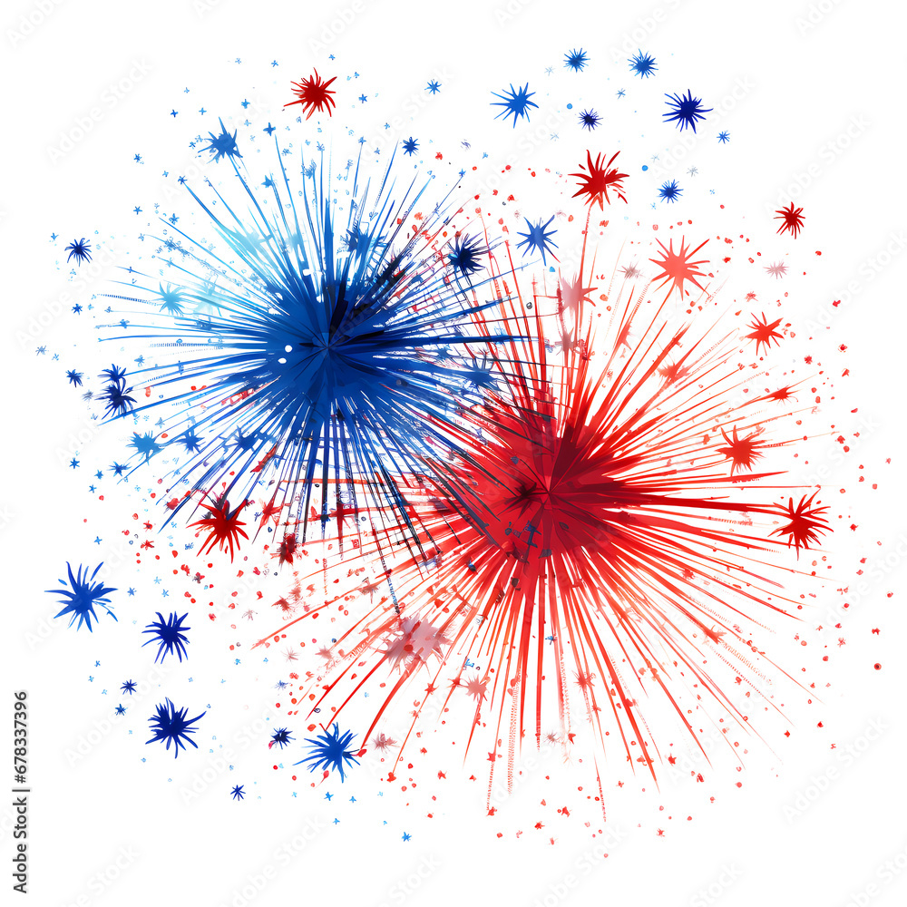 Blue and red firework on white background for 4 july independence day, New Year