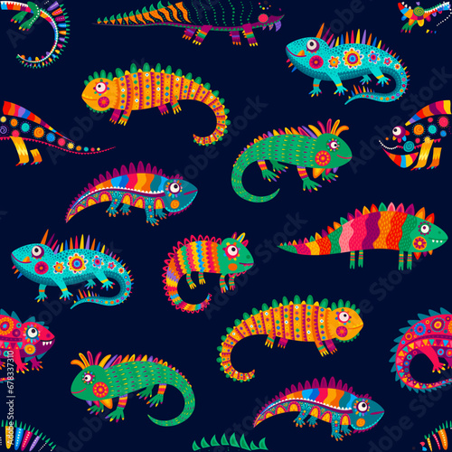 Cartoon Mexican iguana lizards characters, vector seamless pattern background. Colorful exotic pattern of iguana lizard animals with Mexican folk ethnic ornament, reptiles in Latin alebrije pattern