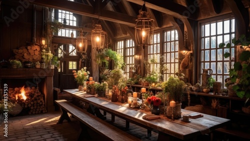Interior design inspiration of Rustic Farmhouse style home dining room loveliness decorated with Wood and Brick material and Fireplace .Generative AI home interior design . © Summit Art Creations