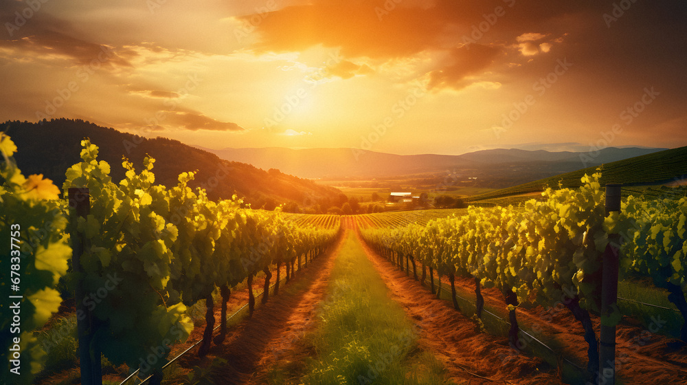 Naklejka premium Charming Vineyard Landscape Under a Golden Sunset, Enhanced with Warm and Earthy Tones to Evoke a Romantic and Idyllic Ambiance