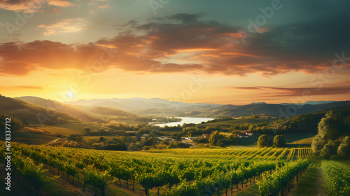 Charming Vineyard Landscape Under a Golden Sunset  Enhanced with Warm and Earthy Tones to Evoke a Romantic and Idyllic Ambiance