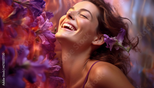 donna sorridente con sfondo astratto di fiori viola, rosa e arancione