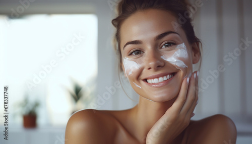 Giovane ragazza sorridente che ha applica la crema sul viso durante skincare photo