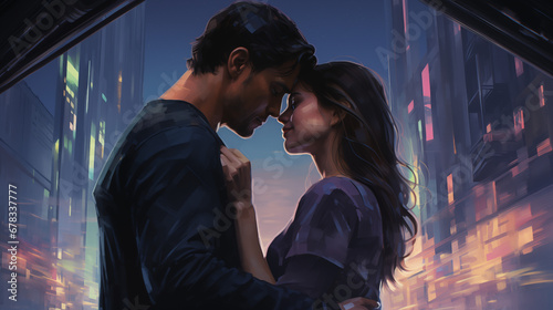 Couple kissing in the night futuristic