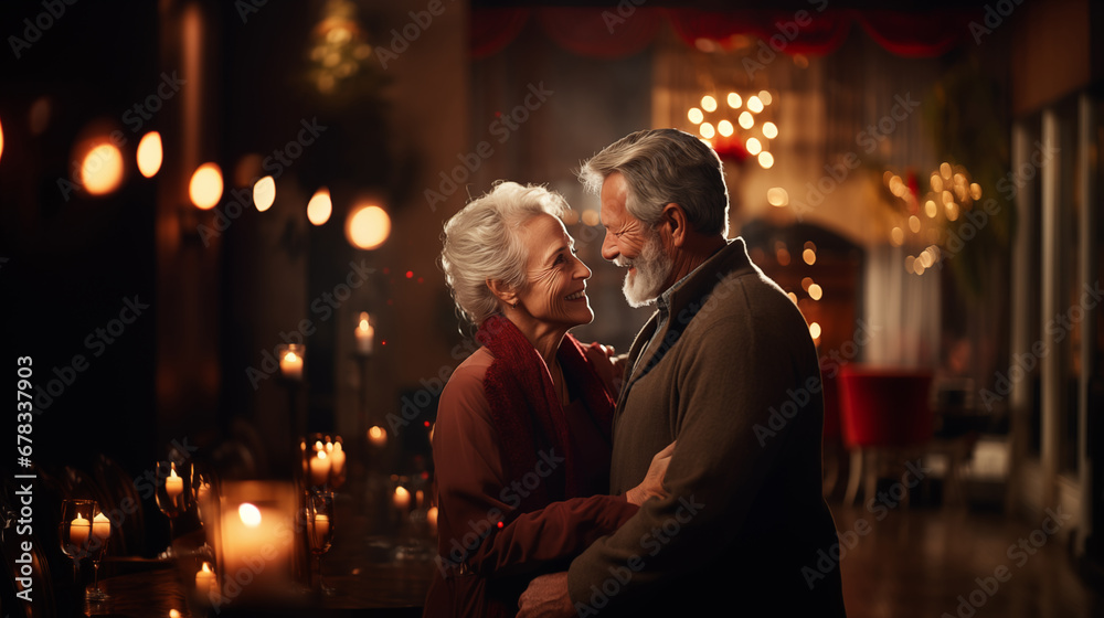 beautiful elderly couple hugging and smiling on the date.cinematic light. Valentine's Day. copy space beautiful elderly couple hugging and smiling on the date.cinematic light. Valentine's Day. copy space