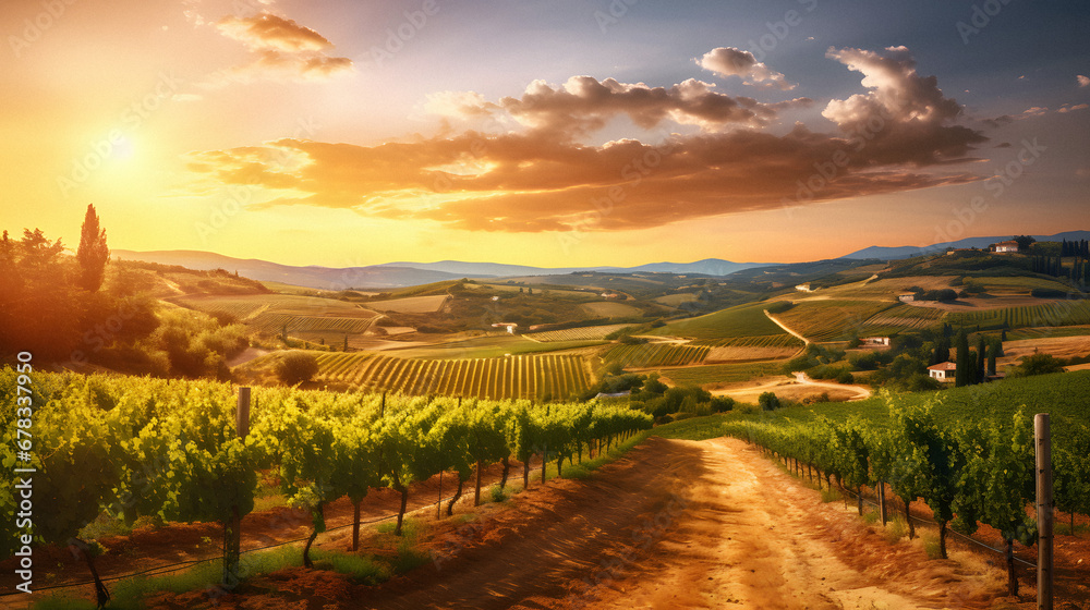 Fototapeta premium Charming Vineyard Landscape Under a Golden Sunset, Enhanced with Warm and Earthy Tones to Evoke a Romantic and Idyllic Ambiance