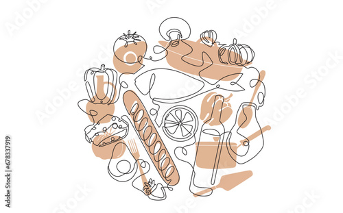 Vector illustration with food and utensils. Cooking.