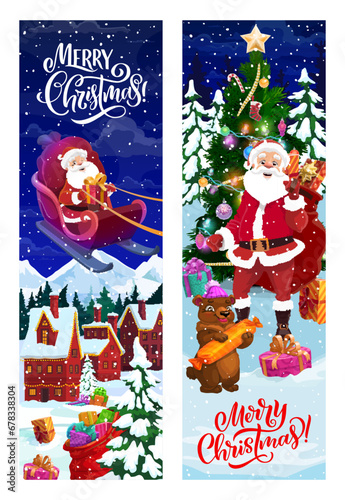 Christmas banners with Santa Claus. Vector Merry Xmas greeting cards with cartoon Father Noel riding deer sleigh and holding presents sack at decorated tree with gifts lying on snow and funny bear