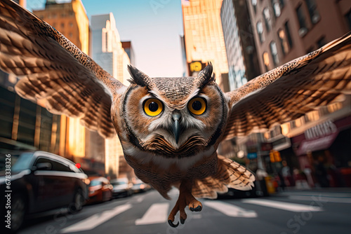 An owl is flying over a city street. Generative AI