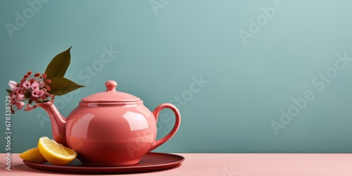tea day, pink teapot with tea and flowers in the spout, with lemon slices, on a berquoise background. banner, free space photo