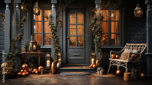 Of halloween decorations in front of the door.