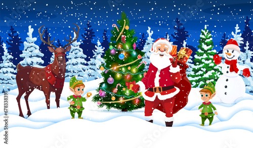 Cartoon Santa with bag, Christmas tree, reindeer and elves in winter forest. Vector xmas characters Noel with deer, snowman and helpers near decorated spruce in night snowy wood with paper cut snow