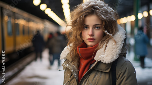 Snowfall Serenity: Girl's Gaze at the Winter Station