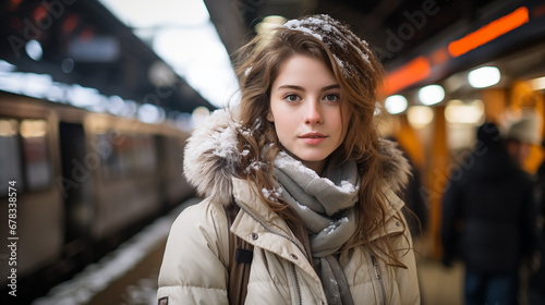Snowfall Serenity: Girl's Gaze at the Winter Station