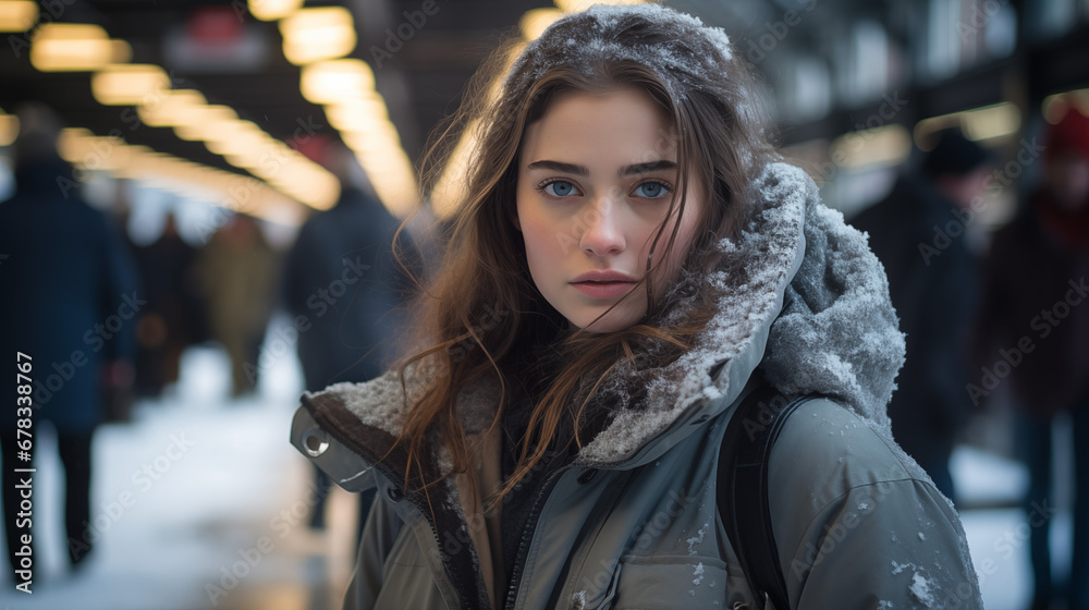 Fototapeta premium Snowfall Serenity: Girl's Gaze at the Winter Station